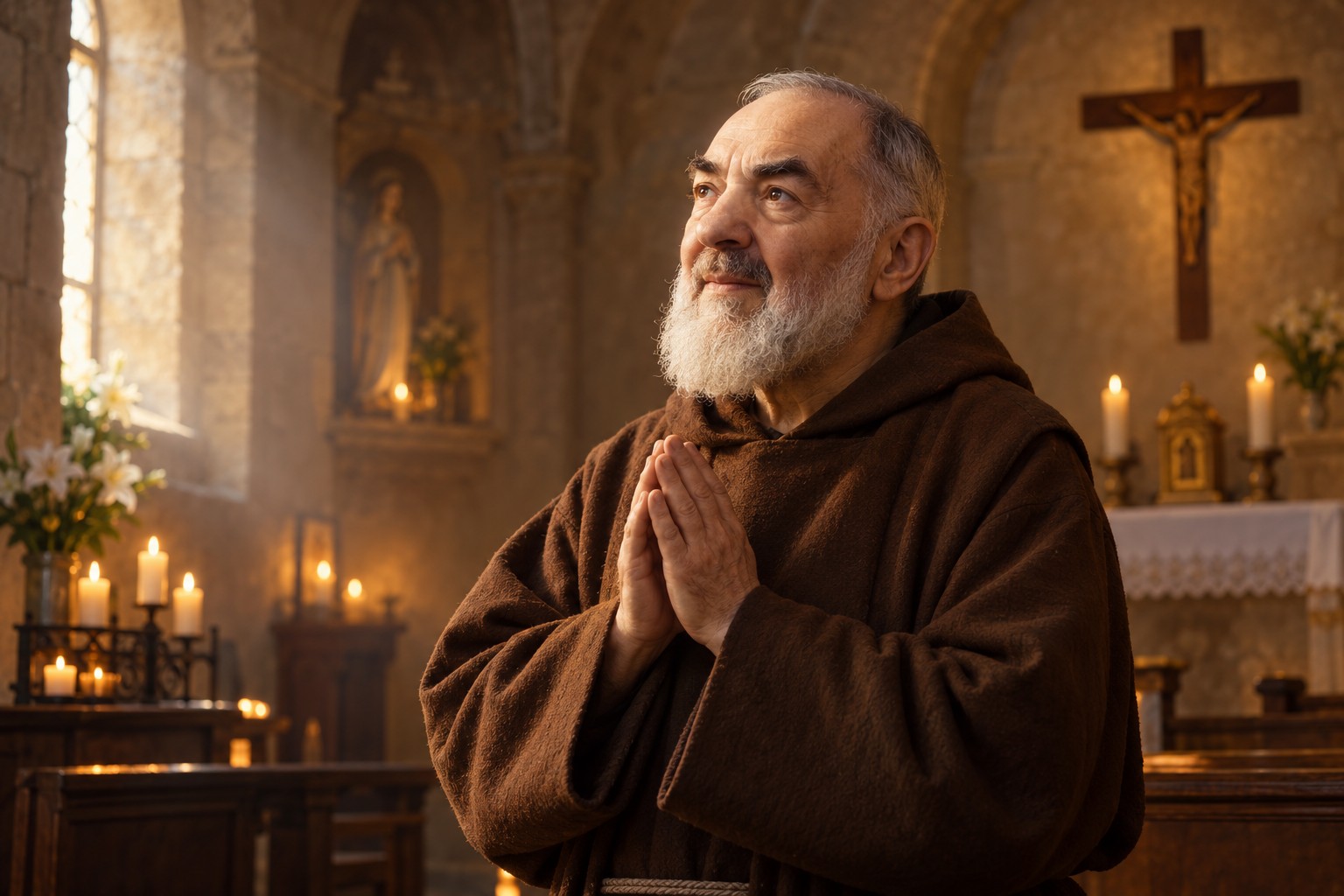Illustration originale inspirée de Padre Pio, les mains jointes dans une chapelle éclairée de bougies